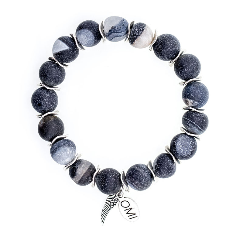 Dark Grey Druzy Stone Bead Bracelet with Silver Bar - 10mm