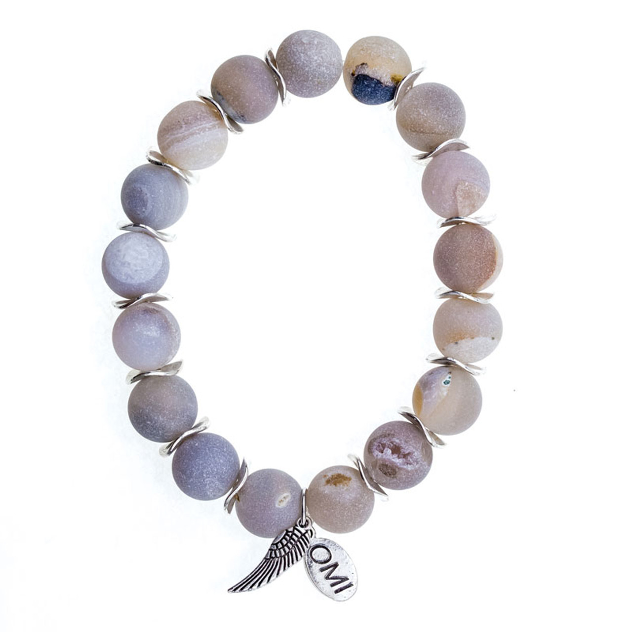 Light Grey Matte Druzy Stone Bead Bracelet with Silver Spacers - 10mm