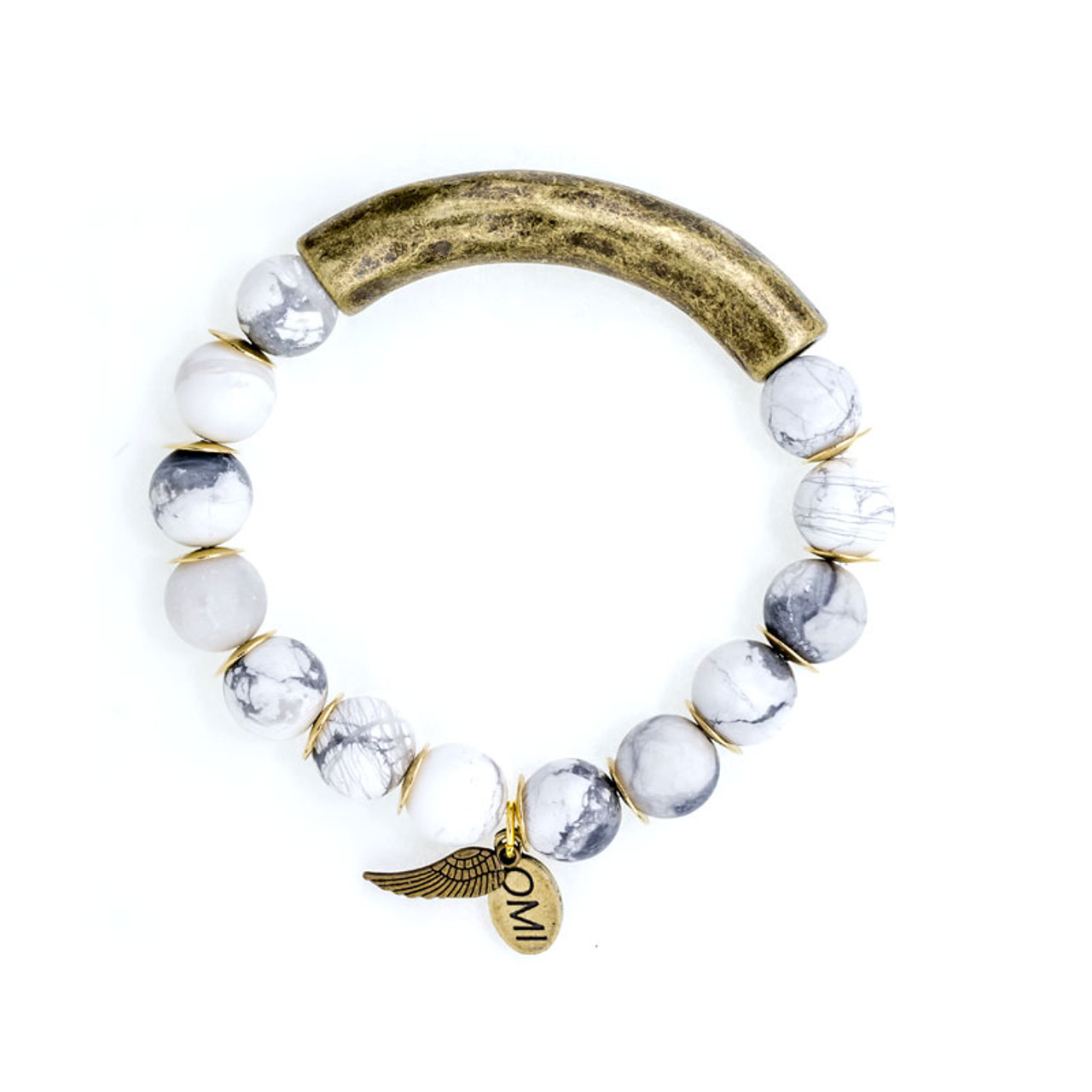 White Marble Howlite Stone Bead Bracelet with Bronze Bar and Spacers - 10mm