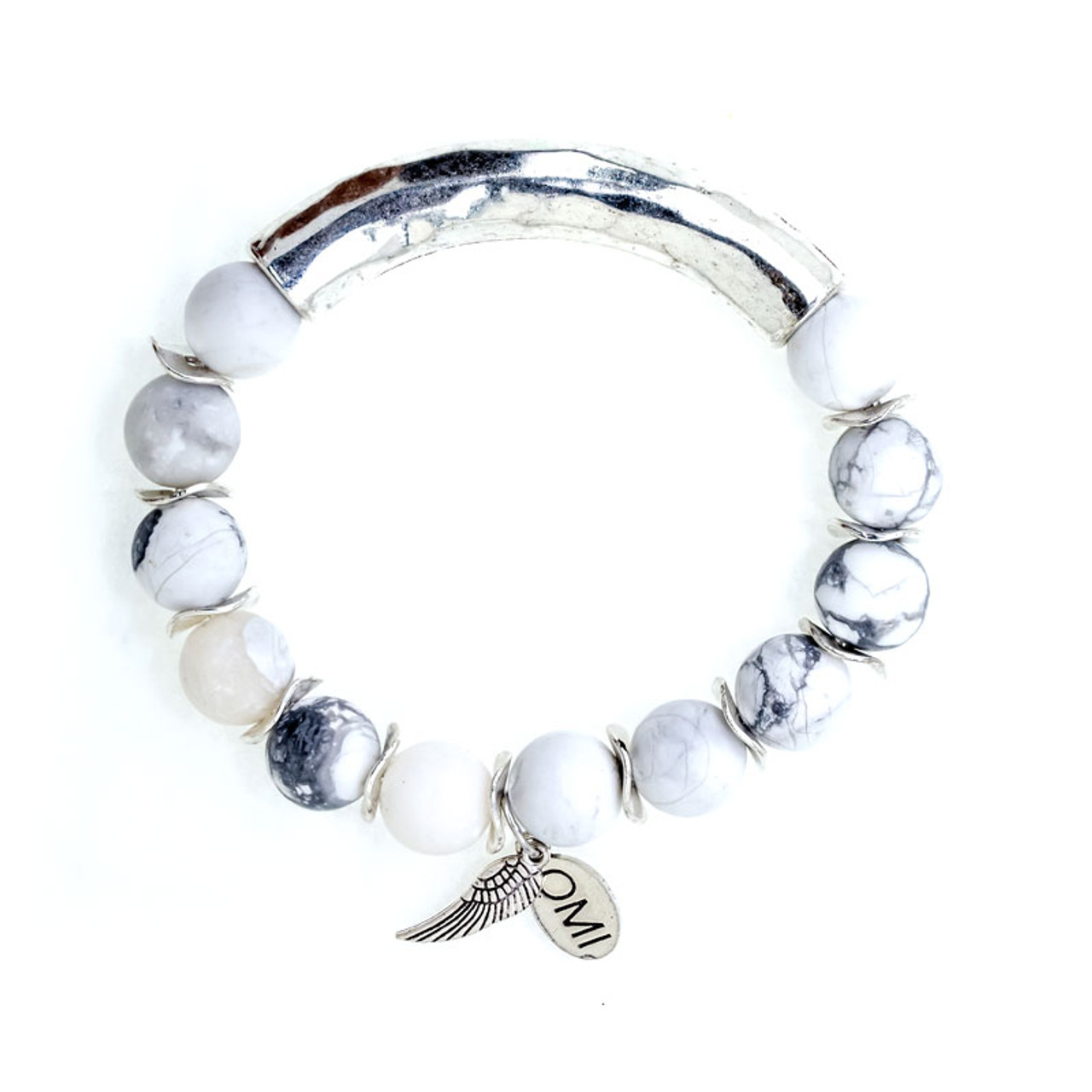 White Marble Howlite Stone Bead Bracelet with Silver Spacers - 10mm