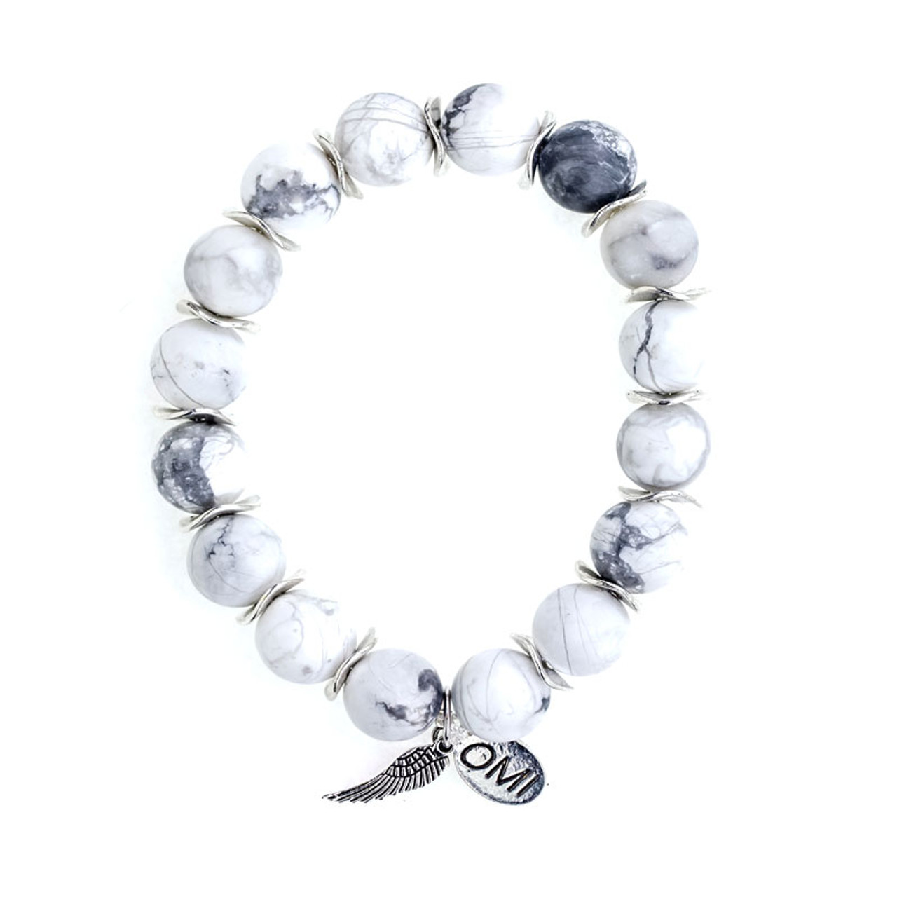 White Marble Howlite Stone Bead Bracelet with Silver Spacers - 10mm
