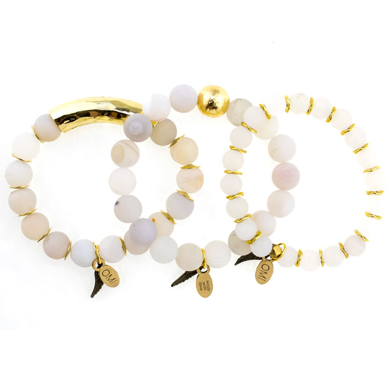 White Matte Agate Stone Bead Bracelet with Bronze Spacers- 10mm