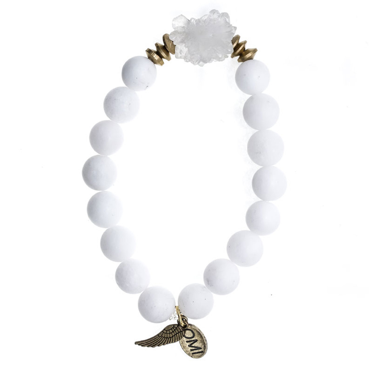 Matte White Agate Stone Bead Bracelet with Clear Crystal and Gold Accents -  10mm-Wholesale