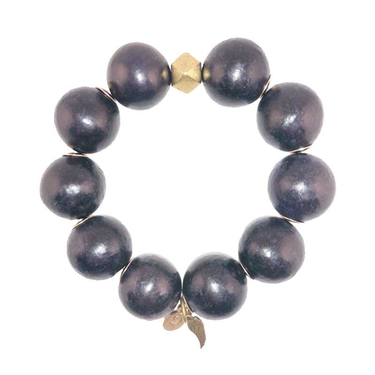 Black Wood Big Bead Bracelet with Gold Geometric Beads-Wholesale 20mm