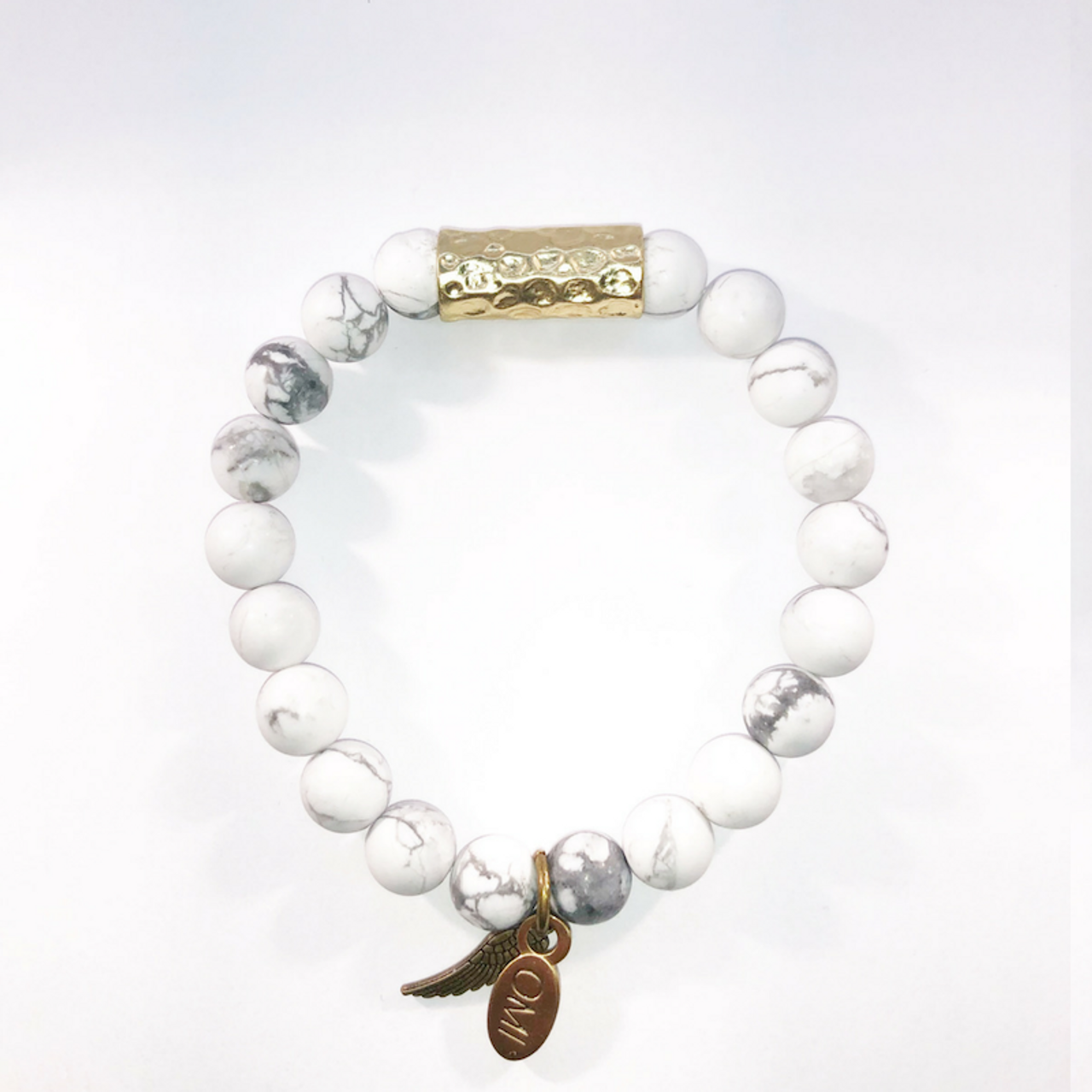 White Marble Howlite Stone Bead Bracelet with Silver Bar and