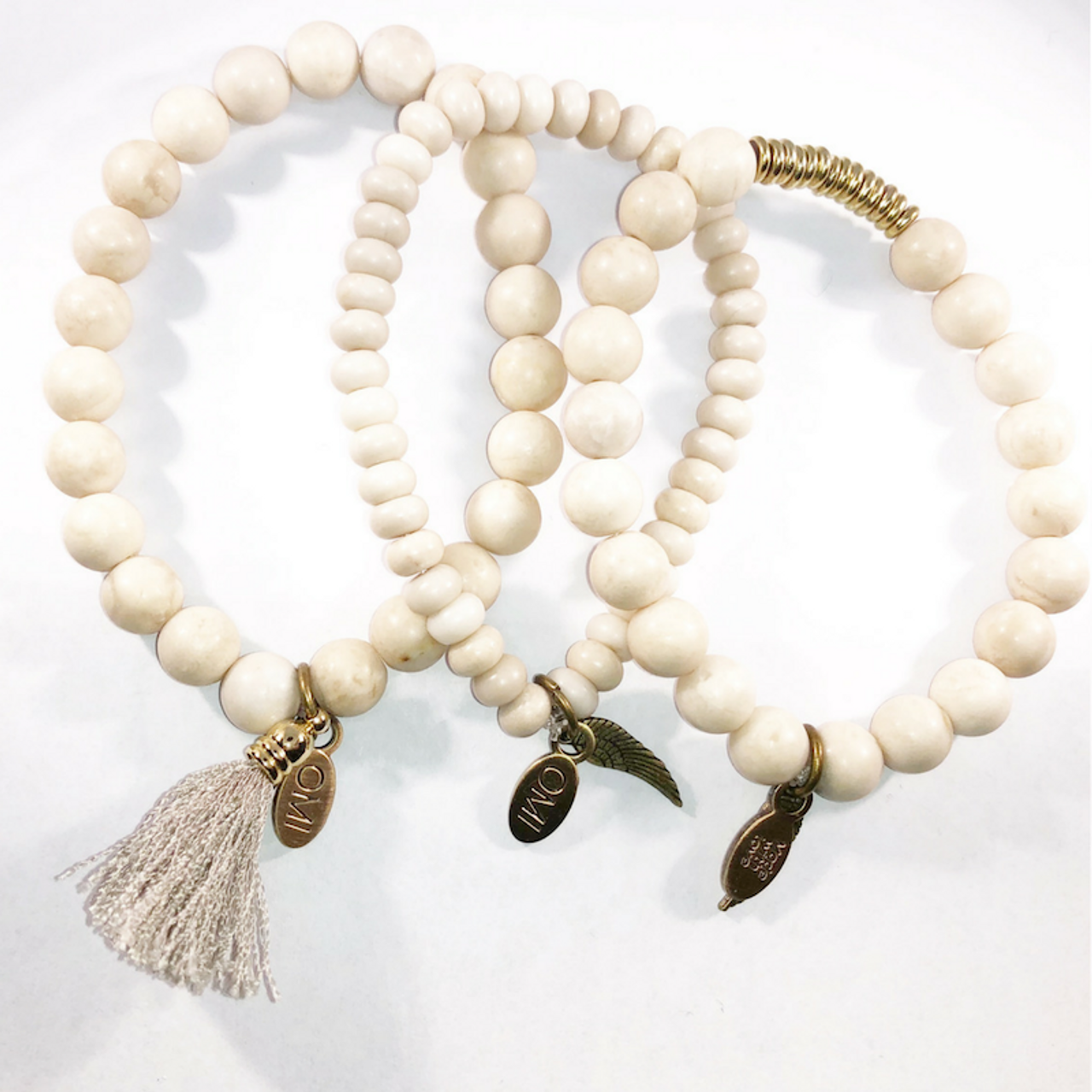 Wood Prayer Beads with Shell Covered Tassel - Cream