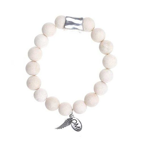 White petrified wood OMI Bead Bracelet with Silver Bar - 10 mm White petrified wood OMI Bead Bracelet with Silver Bar - 10 mm
