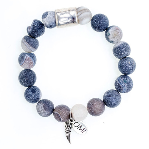 Dark Grey Druzy Stone Bead Bracelet with Silver Tube- 10mm Dark Grey Druzy Stone Bead Bracelet with Silver Tube- 10mm