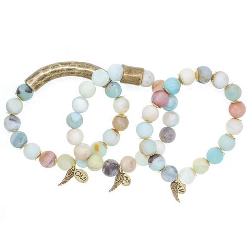 Matte Agate Stone Bead Bracelet with Bronze Accents - 10mm Matte Agate Stone Bead Bracelet with Bronze Accents - 10mm