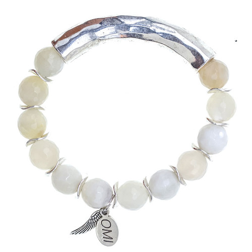 Faceted New Jade Stone Bead Bracelet with Silver Bar - 10mm Faceted New Jade Stone Bead Bracelet with Silver Bar - 10mm