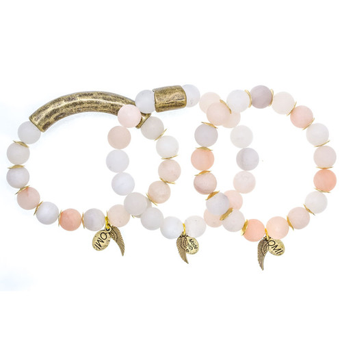 Matte Peach Aventurine Bead Bracelet Set with Bronze Accents - 10mm Matte Peach Aventurine Bead Bracelet Set with Bronze Accents - 10mm