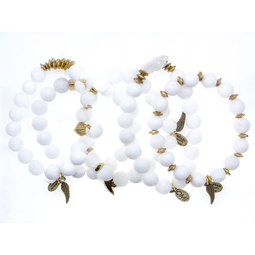 Matte White Agate Stone Bead Bracelet with Gold Group Set- 10mm Matte White Agate Stone Bead Bracelet with Gold Group Set- 10mm
