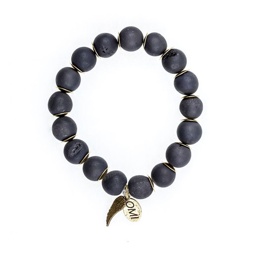 Black Matte Agate Druzy Bead Bracelet with Bronze Spacers - 10mm-Wholesale Black Matte Agate Druzy Bead Bracelet with Bronze Spacers - 10mm-Wholesale