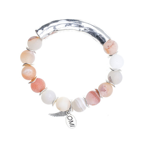 Blush Matte Druzy Stone Bead Bracelet with Silver Bar and Spacers - 10mm-Wholesale Blush Matte Druzy Stone Bead Bracelet with Silver Bar and Spacers - 10mm-Wholesale