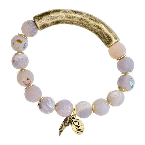 Grey Matte Druzy Stone Bead Bracelet with Bronze Bar - 10mm-Wholesale Grey Matte Druzy Stone Bead Bracelet with Bronze Bar - 10mm-Wholesale