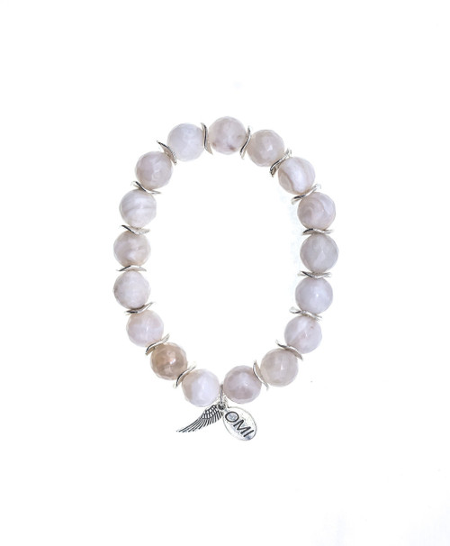 Faceted Natural Agate Stone Bead Bracelet with Silver Tube- 10mm-Wholesale Faceted Natural Agate Stone Bead Bracelet with Silver Tube- 10mm-Wholesale
