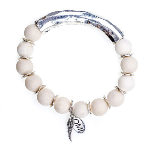 Petrified Wood Bead Bracelet with Silver Bar and Spacers - 10mm-Wholesale Petrified Wood Bead Bracelet with Silver Bar and Spacers - 10mm-Wholesale