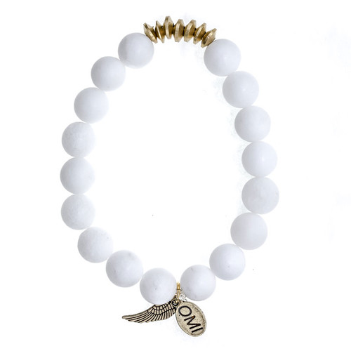 Matte White Agate Stone Bead Bracelet with Gold Discs- 10mm-Wholesale Matte White Agate Stone Bead Bracelet with Gold Discs- 10mm-Wholesale