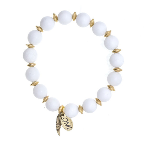Matte White Agate Stone Bead Bracelet with Gold Discs All Around- 10mm-Wholesale Matte White Agate Stone Bead Bracelet with Gold Discs All Around- 10mm-Wholesale