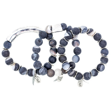 Light Grey Matte Druzy Stone Bead Bracelet with Silver Spacers - 10mm