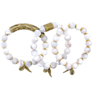 White Marble Howlite Stone Bead Bracelet with Bronze Spacers - 10mm