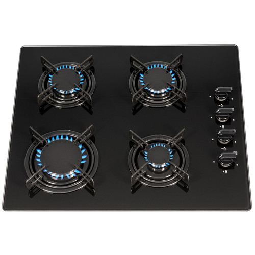 SIA GHG612BL 60cm Black 4 Burner Gas On Glass Hob With Enamel Pan Stands &FFD