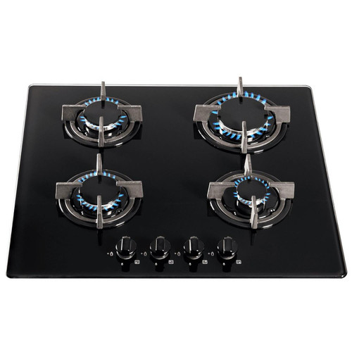 SIA GHG603BL 60cm Black 4 Burner Gas On Glass Hob With Cast Iron Pan Stands