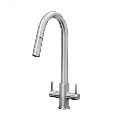 SIA KT4BN Brushed Nickel Pull Out Spray Twin Monobloc Kitchen Sink Mixer Tap