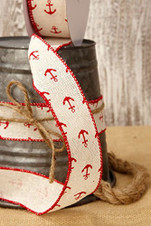 Canvas Ribbon Cream with Red Anchors 1.5in, nautical ribbon, summer ribbon