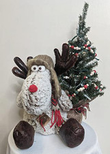 Stuffed Sitting Moose with Lit Tree, 18" high, winter table arrangement Stuffed Sitting Moose with Lit Tree, 18" high, winter table arrangement