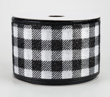 2.5 inches wide Black and White Buffalo Check with Glitter Wired Ribbon, Holiday