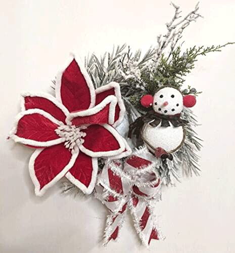 Mini Snowman and Poinsettia Wreath, Holiday Wreath, Christmas Wreath 14 inches diameter, 117