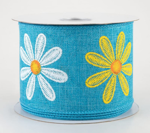 2.5 inches wide Turquoise Daisy Wired Ribbon