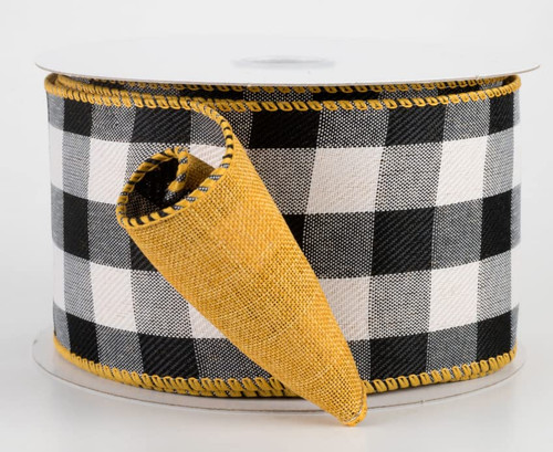 2.5 inches wide Two Sided Buffalo Plaid with Yellow Wired Ribbon