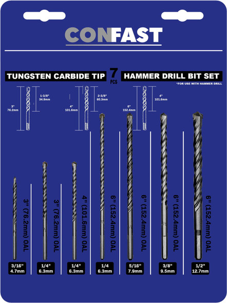 CONFAST Masonry Bit Set, Percussion, Concrete & Block, 7 Bits with Carbide Tips - back