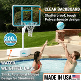 Couple playing with poolside basketball hoop featuring shatterproof clear backboard and 200 lb water-filled base