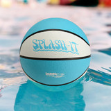 Blue and white Splash-It waterproof basketball floating in a pool – perfect for poolside play