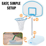 Easy setup of small pool basketball hoop in 4 steps, with water fill base, upright pole, and rim assembly diagram