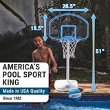 Small pool basketball hoop with hand adjustable rim height from 9 to 34 inches and 13-inch diameter color-matched rim