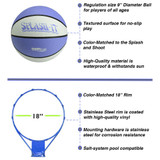 Blue Splash It 9-inch basketball and 18-inch rim with stainless steel hardware, designed for salt system pools