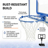 The Splash & Shoot Clear highlights a fully stainless-steel full-size basketball rim