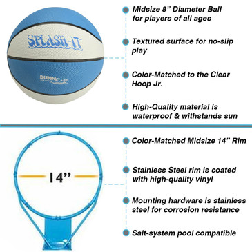 Close-up of mid-size 14-inch pool basketball rim and 8-inch Splash-It ball with stainless hardware and UV resistance