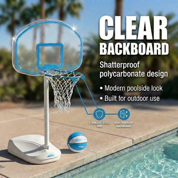 Small pool basketball hoop with hand adjustable rim height from 9 to 34 inches and 13-inch diameter color-matched rim