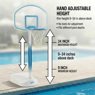 Small pool basketball hoop with hand adjustable rim height from 9 to 34 inches and 13-inch diameter color-matched rim