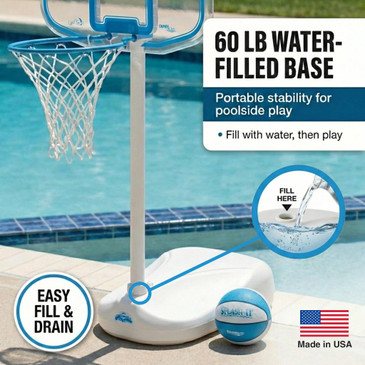 Small pool basketball hoop with hand adjustable rim height from 9 to 34 inches and 13-inch diameter color-matched rim