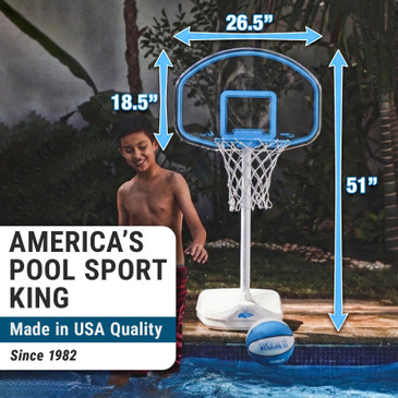 Small pool basketball hoop with hand adjustable rim height from 9 to 34 inches and 13-inch diameter color-matched rim