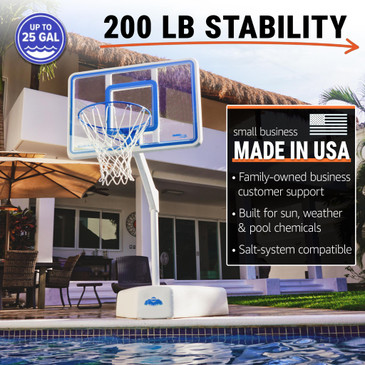 Blue-trimmed adjustable pool basketball hoop beside luxury poolside patio with umbrella and modern design
