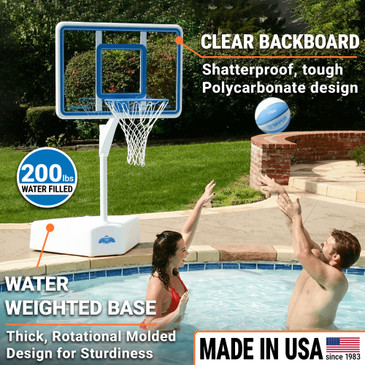Couple playing with poolside basketball hoop featuring blue trim, shatterproof backboard, and 200 lb base