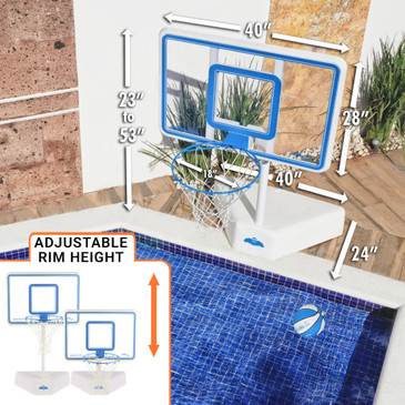 Poolside basketball hoop with adjustable rim height from 23 to 53 inches above deck, shown next to inground pool