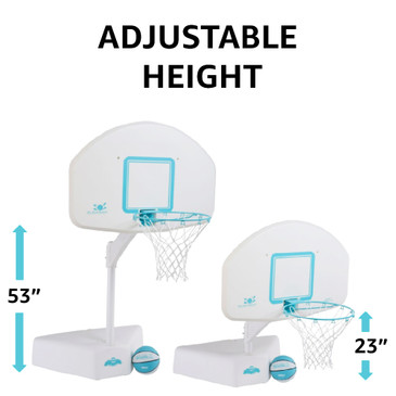 Adjustable height poolside basketball hoop ranging from 23 to 53 inches